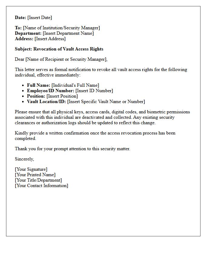 Letter of Revocation for Vault Access Rights