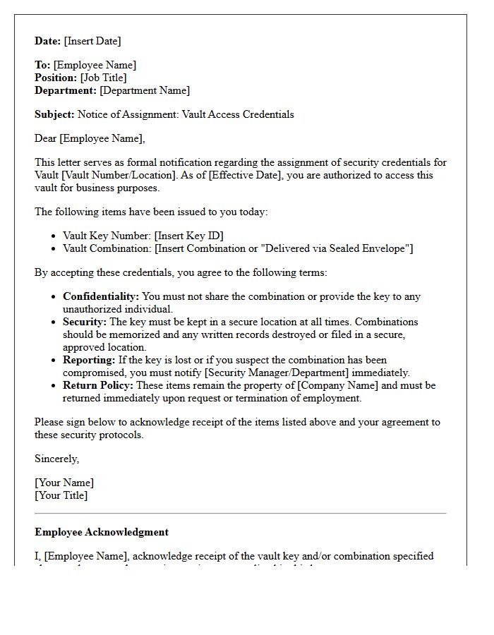 Vault Key and Combination Assignment Letter