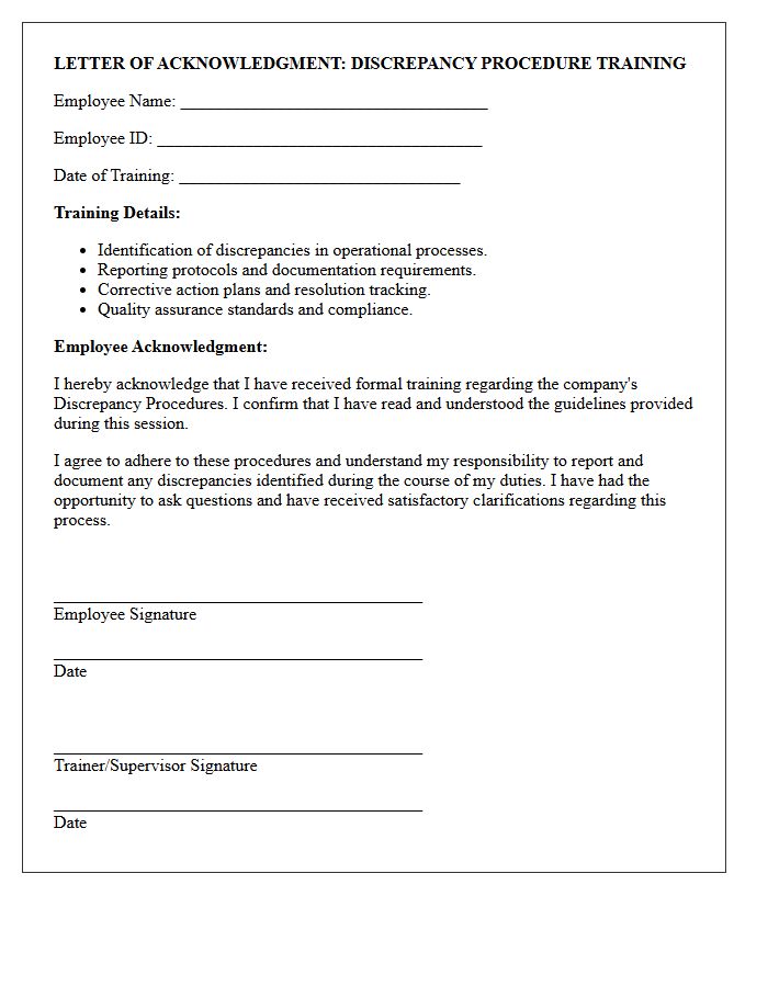 Letter of Acknowledgment for Discrepancy Procedure Training