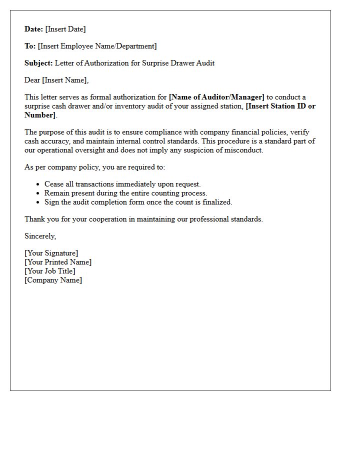 Letter of Authorization for Surprise Drawer Audit