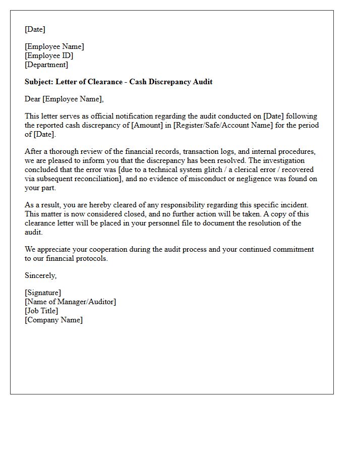 Letter of Clearance Following Cash Discrepancy Audit