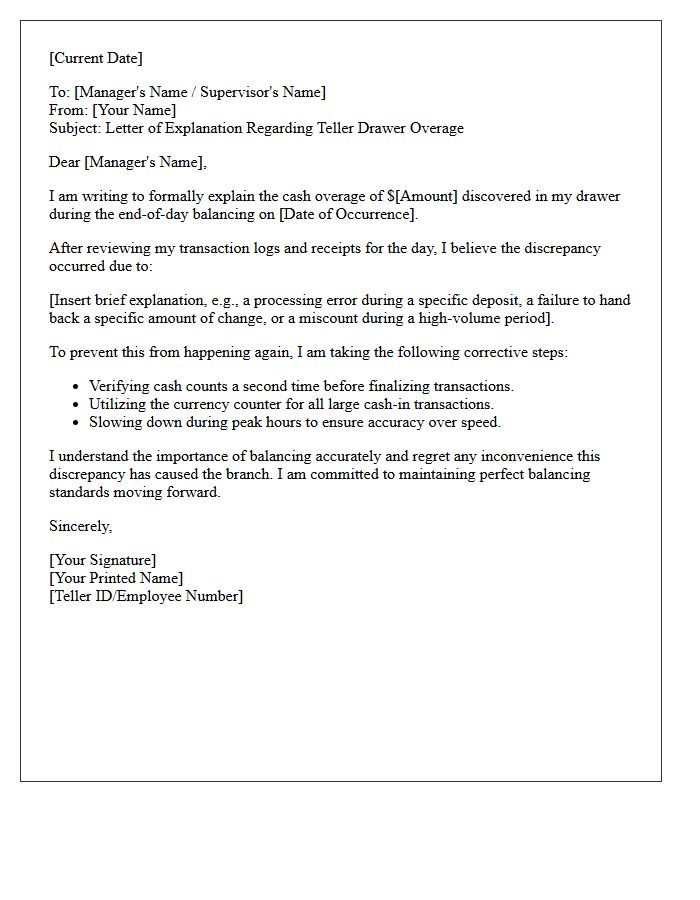 Letter of Explanation Regarding Teller Drawer Overage