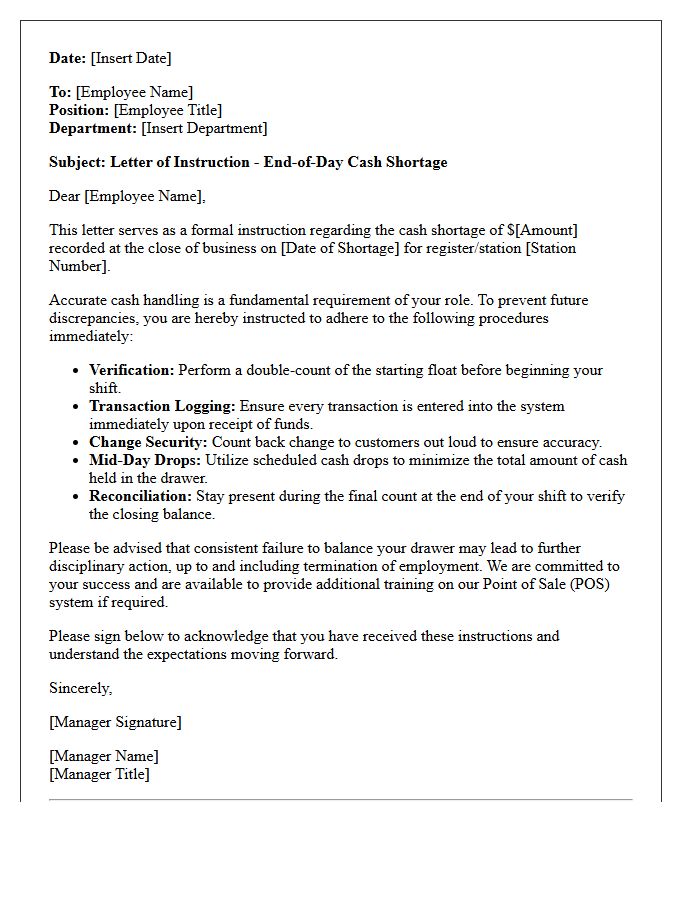 Letter of Instruction for Resolving End-of-Day Shortages