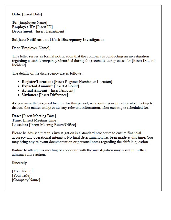 Letter of Notification for Cash Discrepancy Investigation