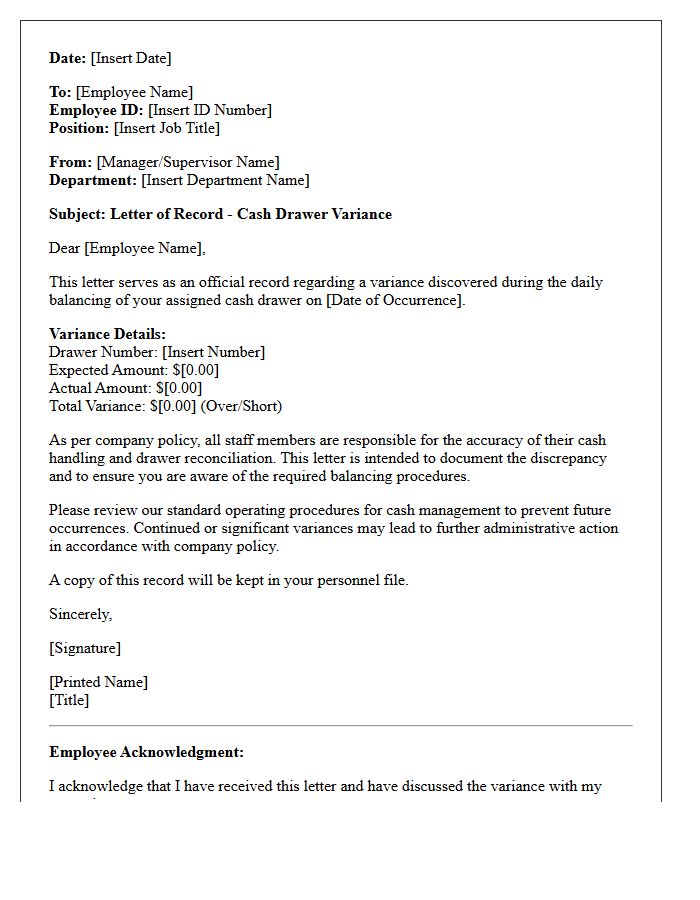 Letter of Record for Daily Drawer Balancing Variance