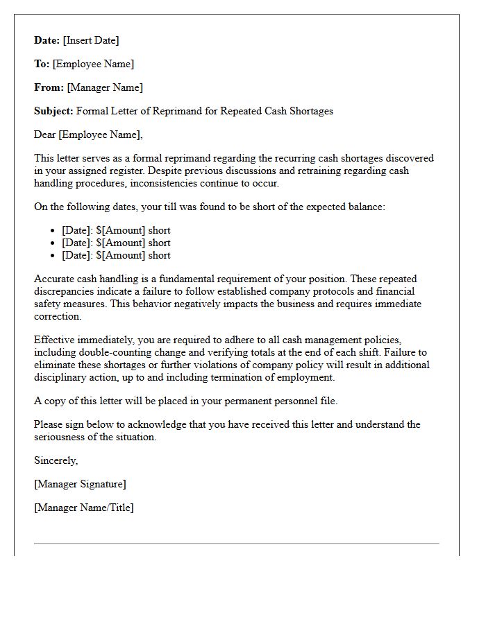 Letter of Reprimand for Repeated Cash Shortage