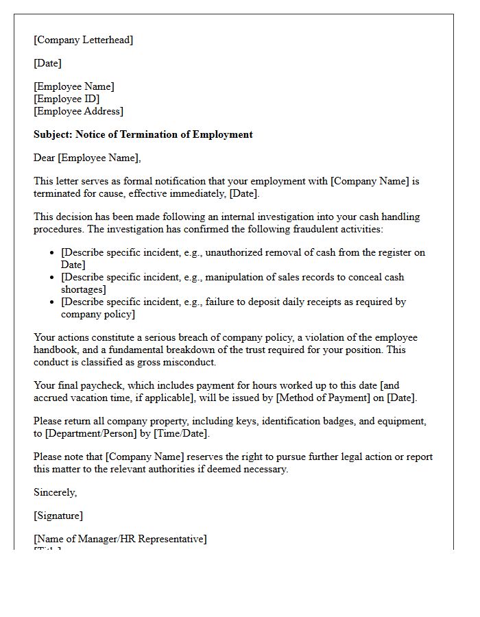 Letter of Termination for Fraudulent Cash Handling