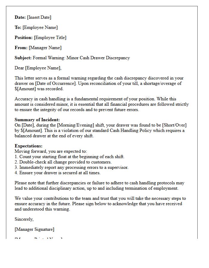 Letter of Warning for Minor Cash Drawer Discrepancy