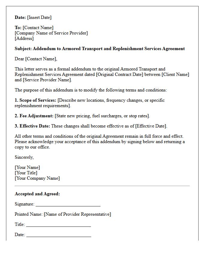 Contract Addendum Letter for Armored Transport Replenishment Services