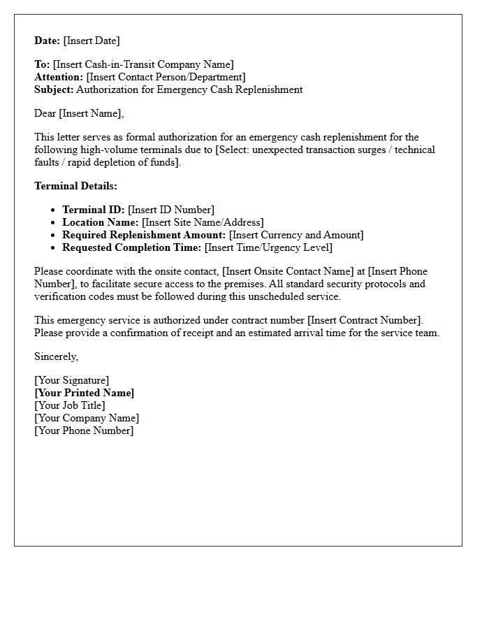 Emergency Replenishment Authorization Letter for High-Volume Terminals