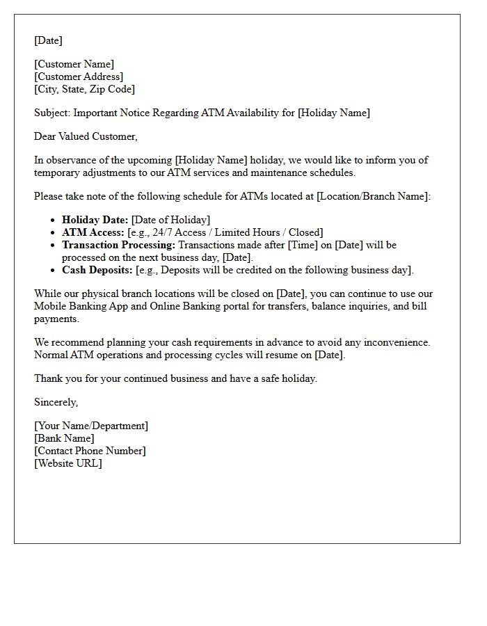 Holiday Schedule Adjustment Letter for Automated Teller Machines