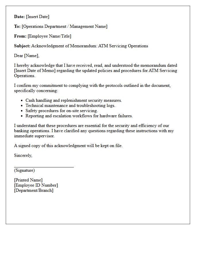 Memorandum Acknowledgment Letter for ATM Servicing Operations