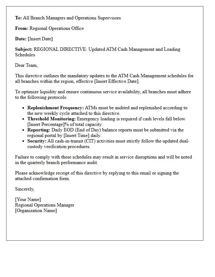 Regional Directive Letter on ATM Cash Management Schedules