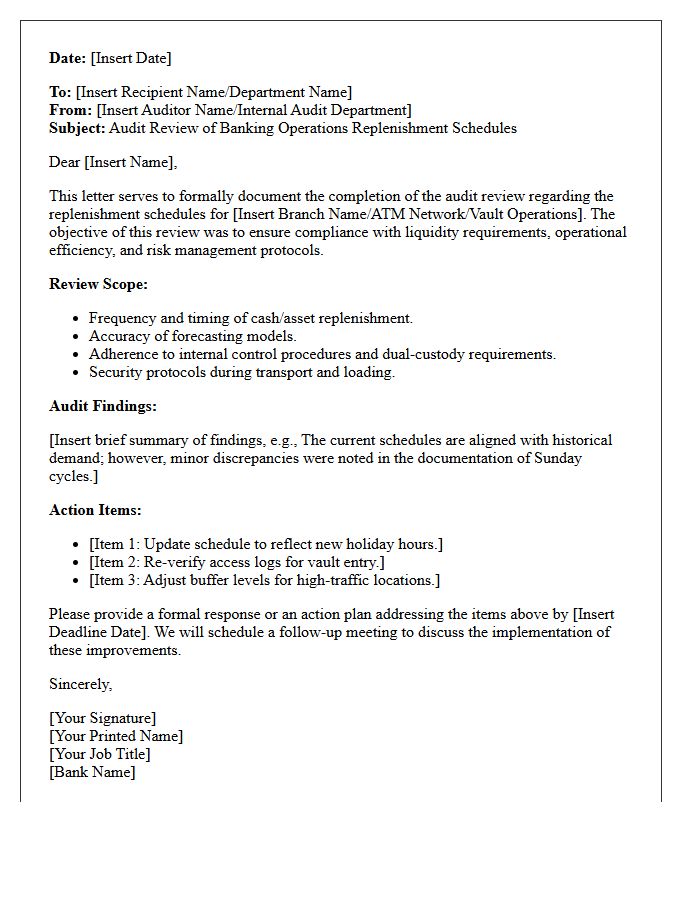 Replenishment Schedule Audit Review Letter for Banking Operations