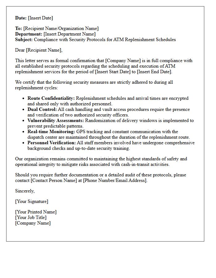Security Protocol Compliance Letter for ATM Replenishment Schedules