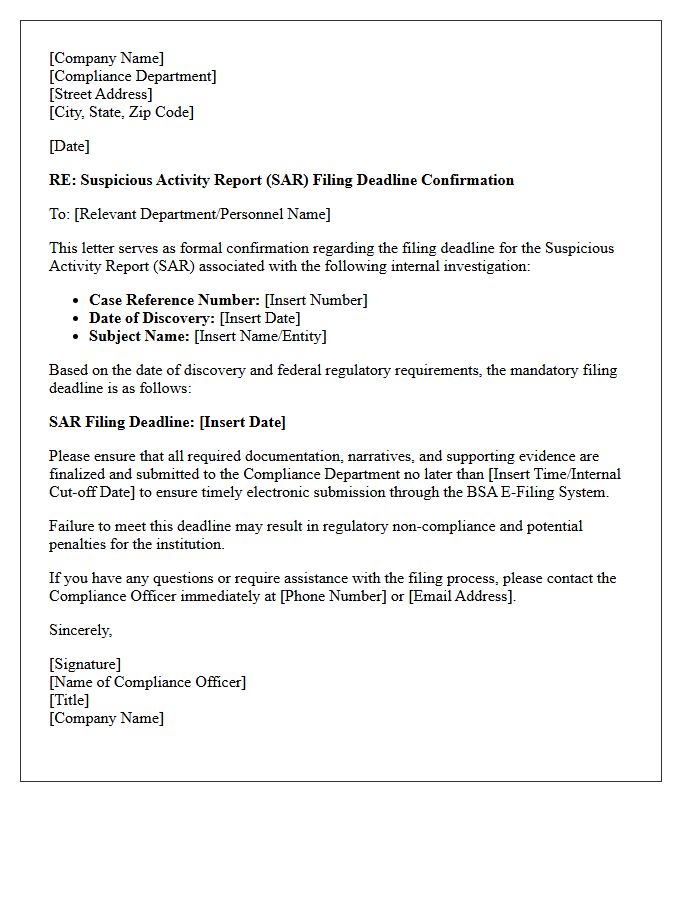 Compliance Department SAR Deadline Confirmation Letter