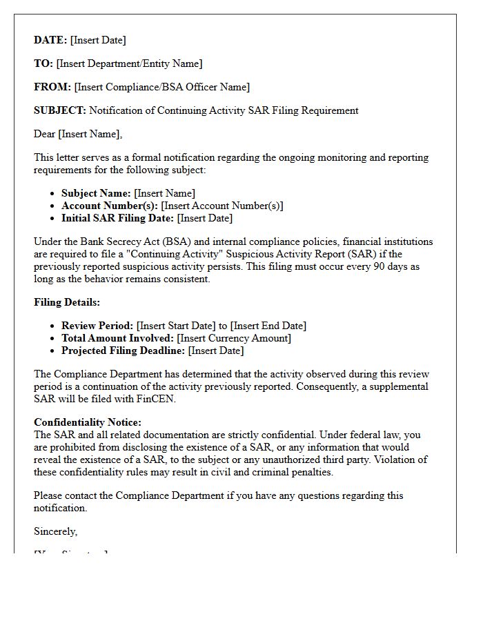 Continuing Activity SAR Filing Requirement Notification Letter