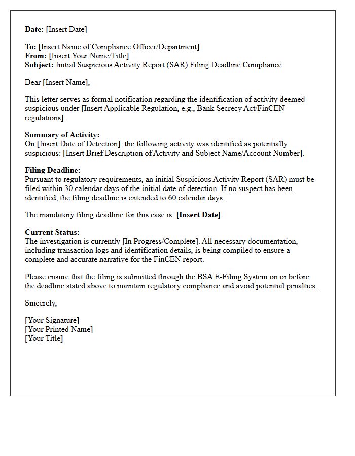 Initial Suspicious Activity Report Filing Deadline Compliance Letter