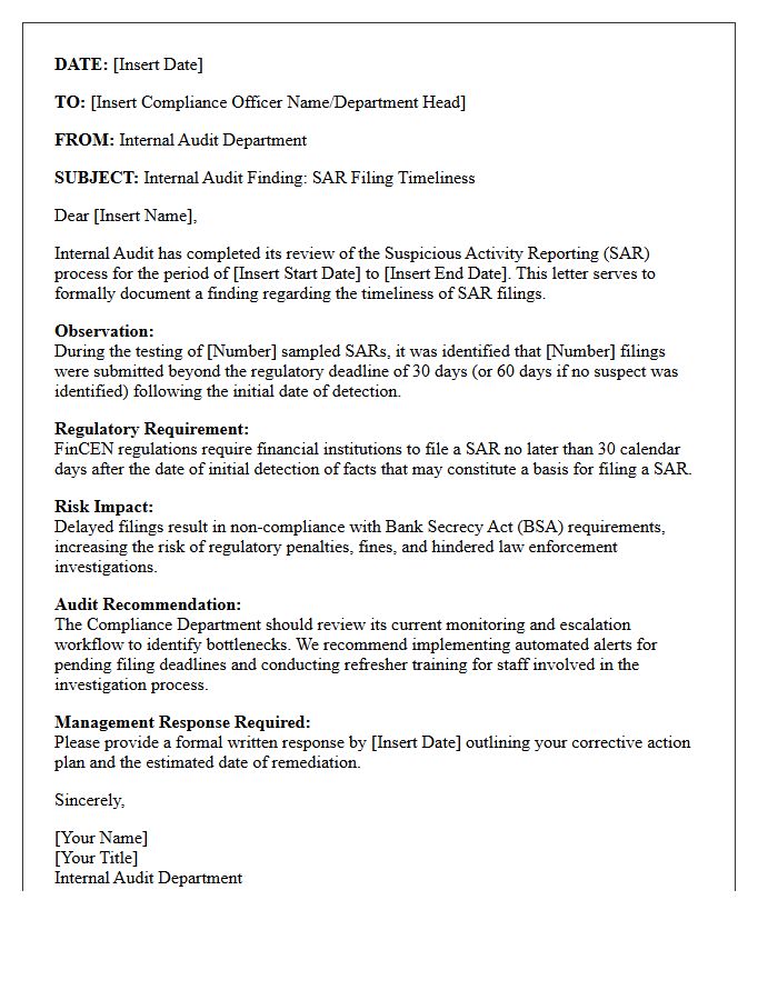 Internal Audit Finding on SAR Timeliness Letter