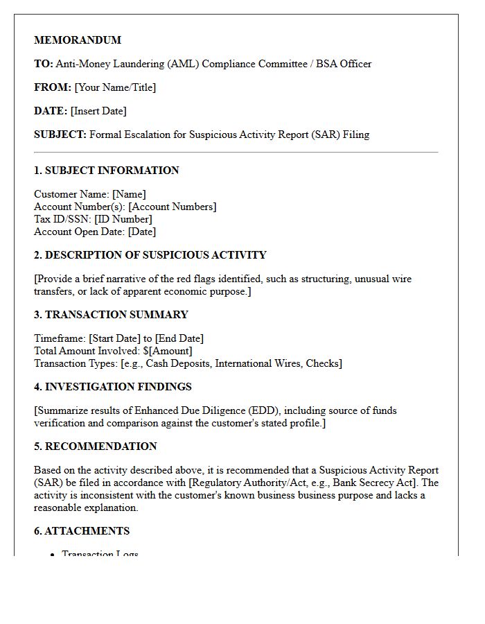 Internal Compliance Memorandum SAR Escalation Letter