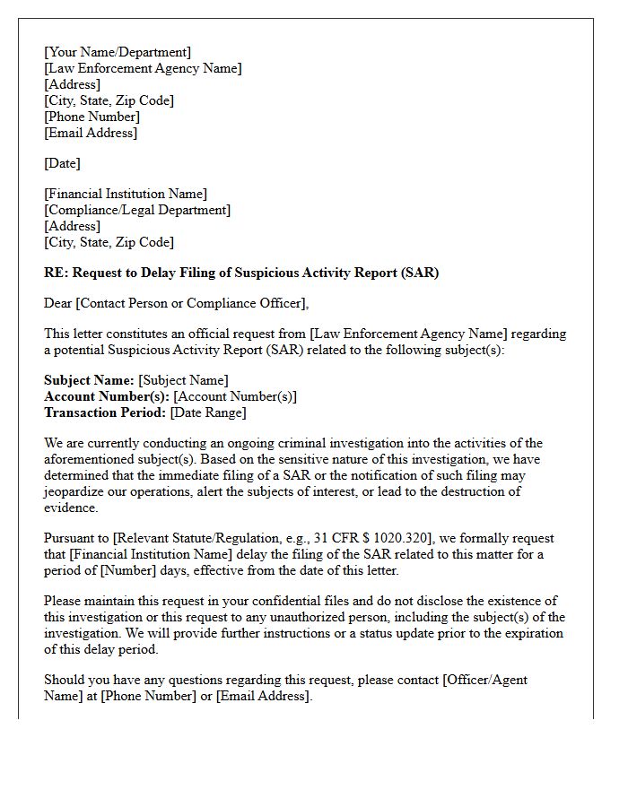 Law Enforcement SAR Deadline Delay Request Letter