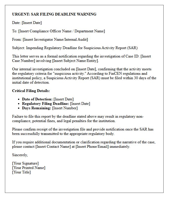 Post-Investigation SAR Filing Deadline Warning Letter