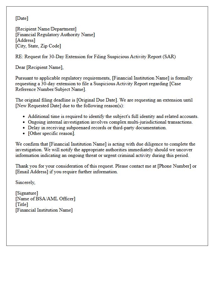 Thirty-Day Suspicious Activity Report Extension Request Letter