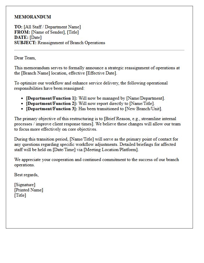 Internal Letter of Memorandum Detailing Branch Operations Reassignment