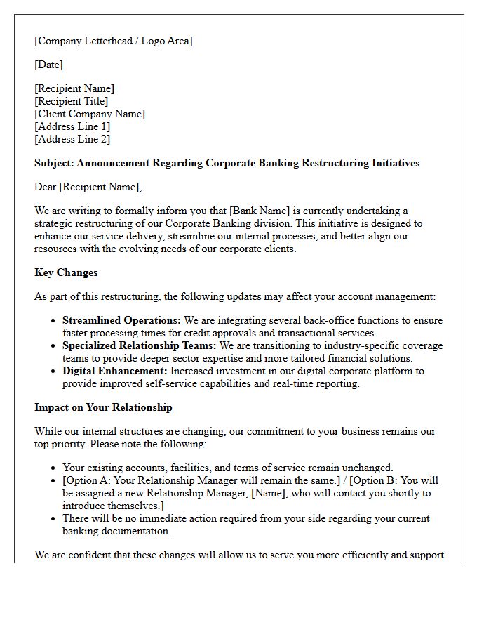 Letter of Announcement Regarding Corporate Banking Restructuring Initiatives