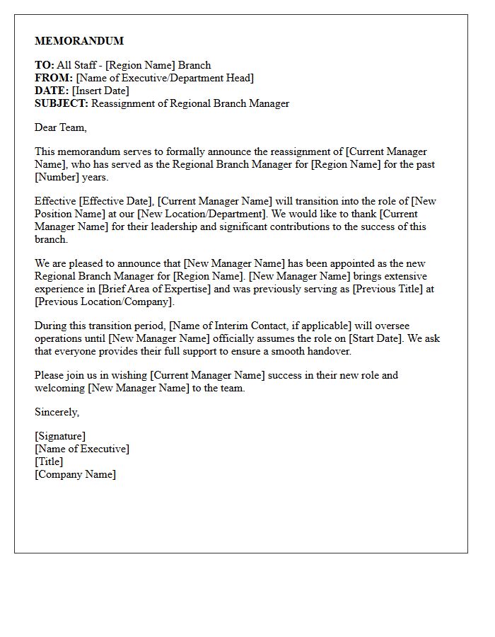 Letter of Memorandum Regarding Regional Branch Manager Reassignment