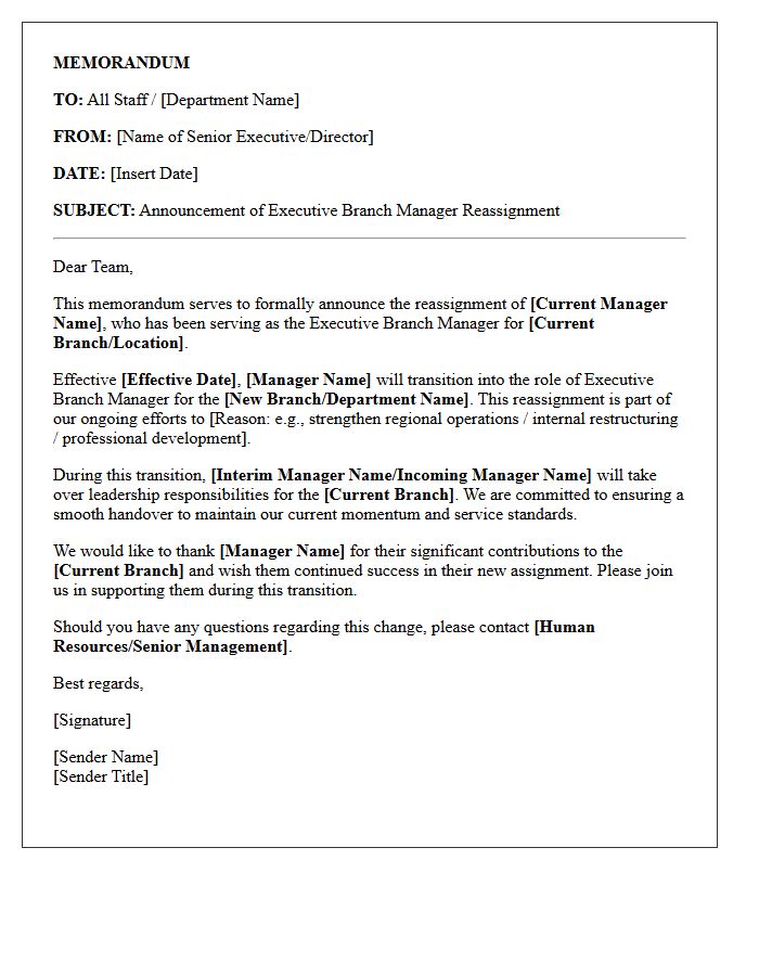 Memorandum Letter of Executive Branch Manager Reassignment