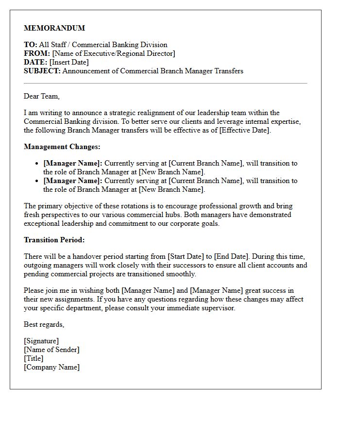 Memorandum Letter Outlining Commercial Branch Manager Transfers