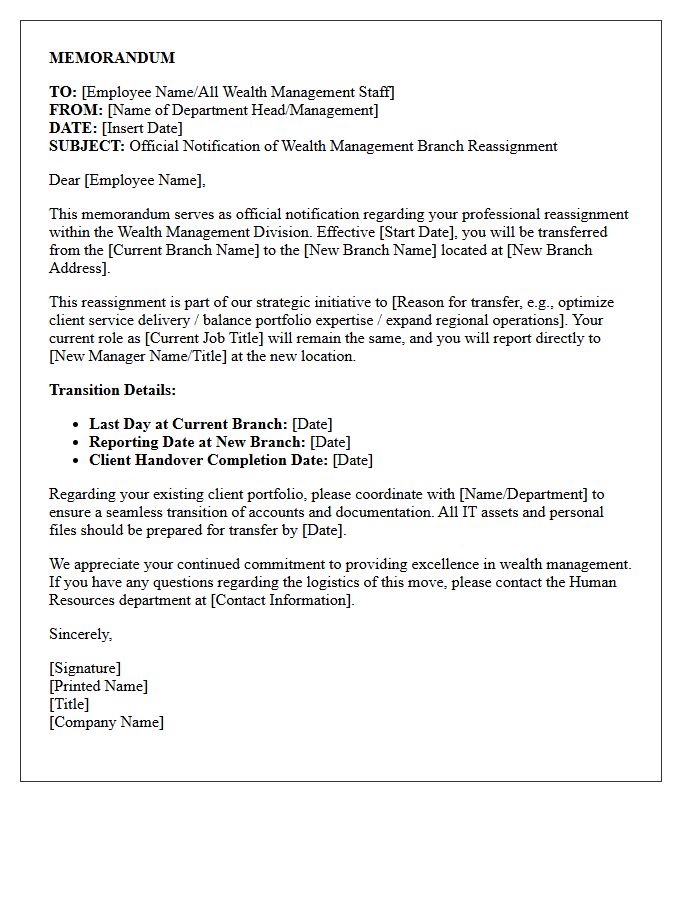 Official Letter of Memorandum on Wealth Management Branch Reassignment