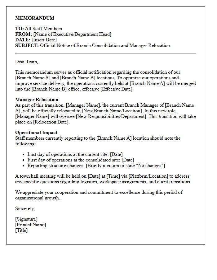Official Memorandum Letter on Branch Consolidation and Manager Relocation