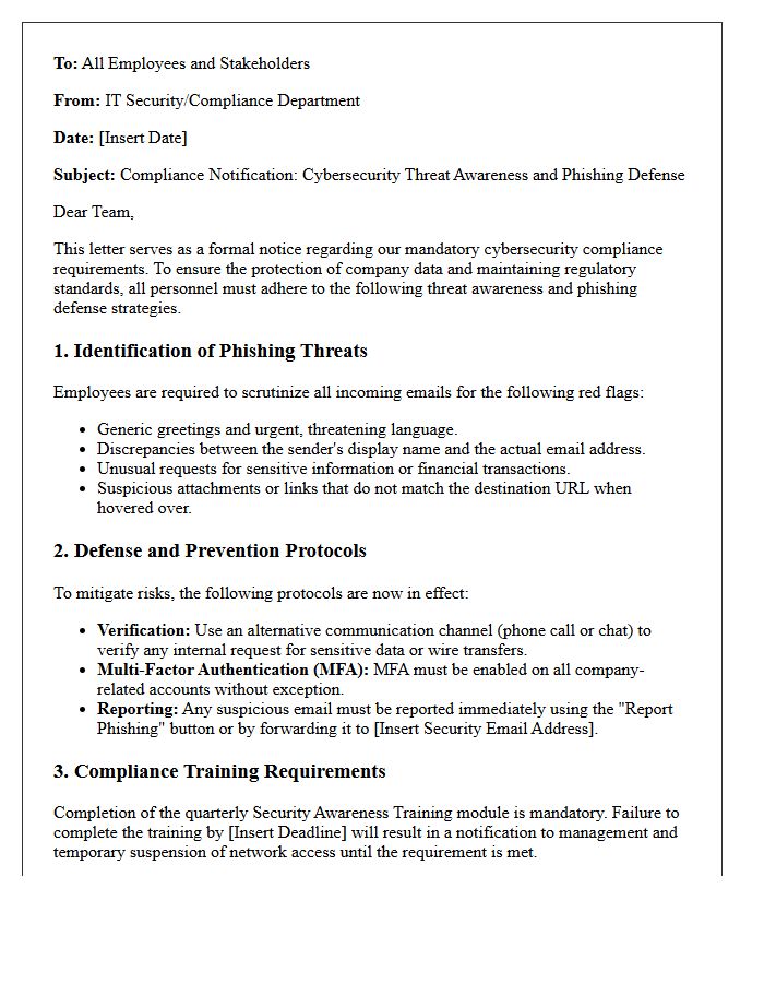 Compliance Letter Detailing Cybersecurity Threat Awareness and Phishing Defense Strategies