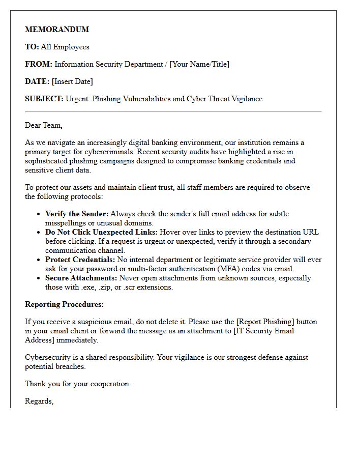 Letter of Memorandum Regarding Phishing Vulnerabilities and Cyber Threat Vigilance in Banking