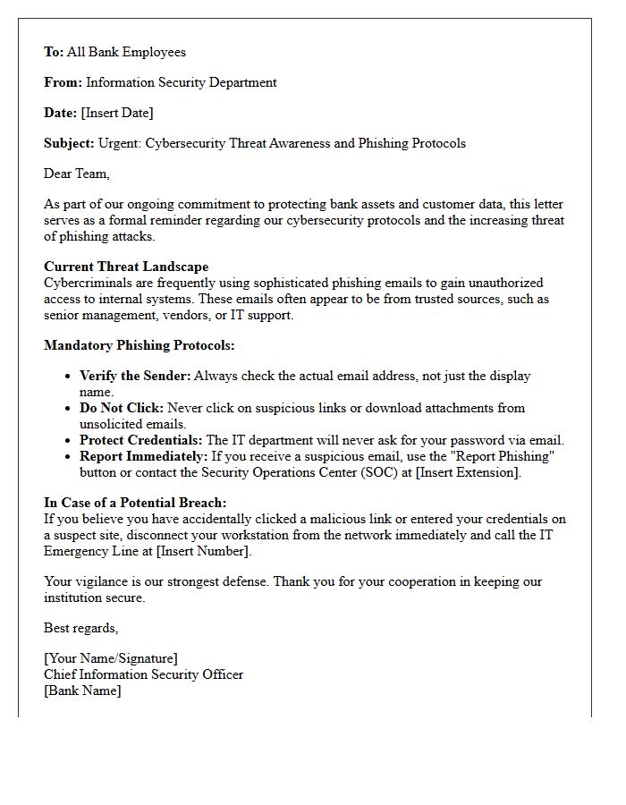 Letter Regarding Cybersecurity Threat Awareness and Phishing Protocols for Bank Employees