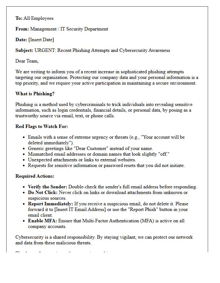 Management Letter Addressing Recent Phishing Attempts and Cybersecurity Threat Awareness