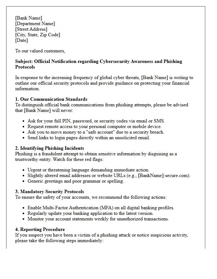 Official Letter Outlining Bank Protocols for Cybersecurity Threat Awareness and Phishing Incidents