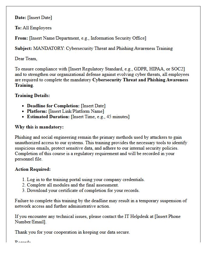 Regulatory Letter on Mandatory Cybersecurity Threat and Phishing Awareness Training