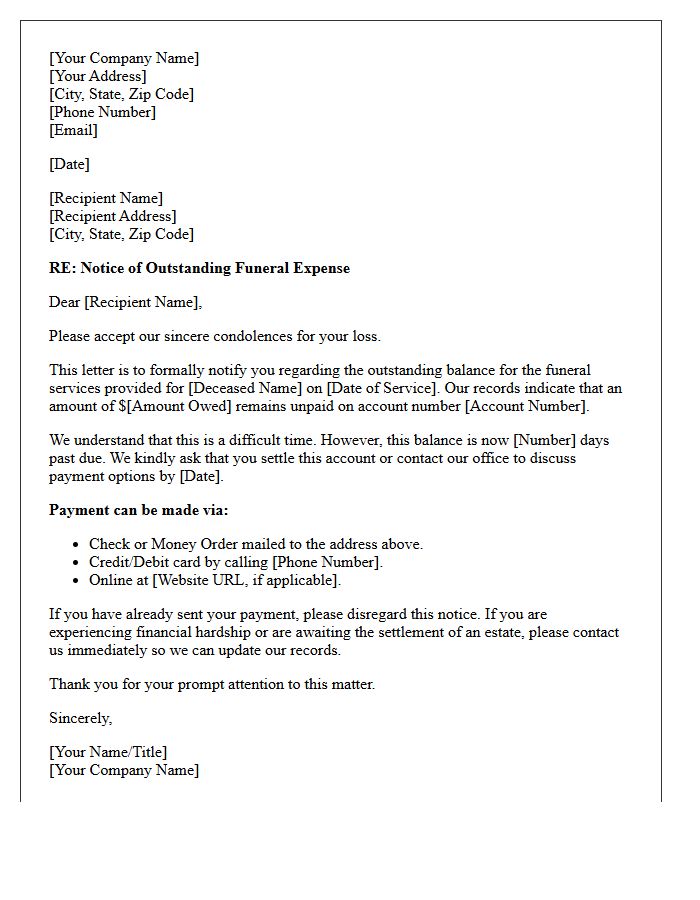 Outstanding Funeral Expense Initial Debt Collection Letter