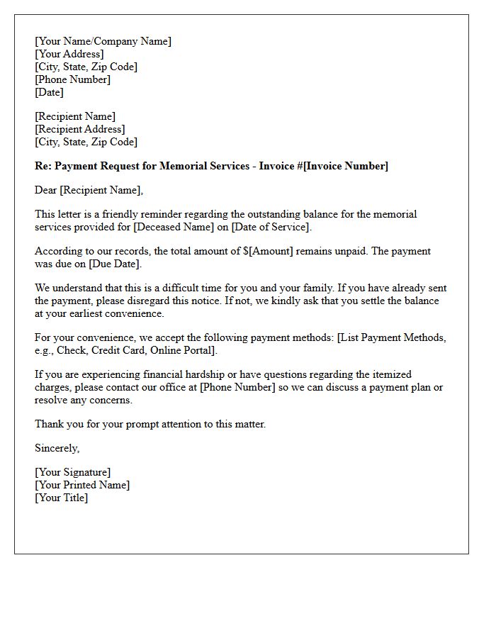 Unpaid Memorial Service Bill Initial Request Letter