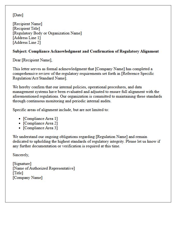 Compliance Acknowledgment Letter Confirming Regulatory Alignment