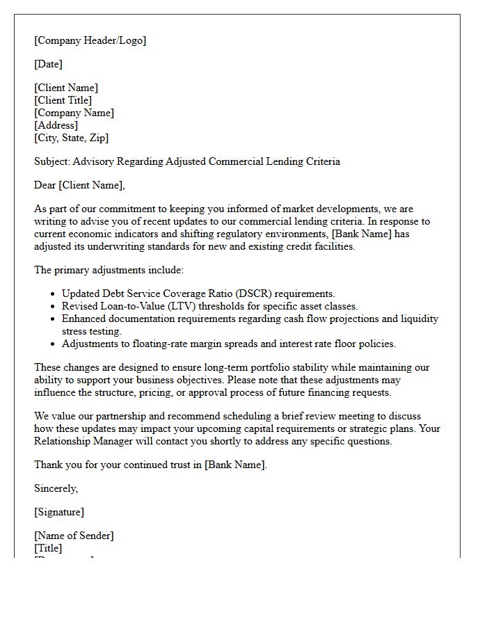 Corporate Client Advisory Letter on Adjusted Commercial Lending Criteria