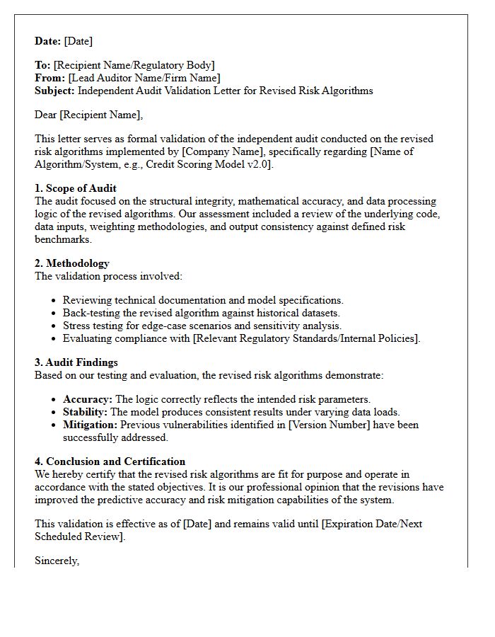 Independent Audit Validation Letter for Revised Risk Algorithms