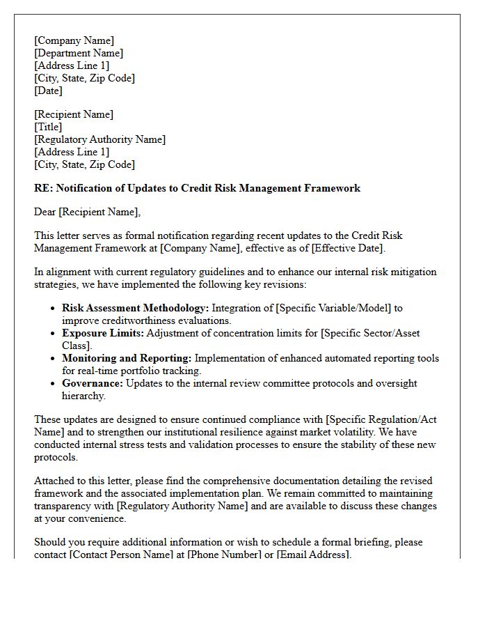Regulatory Notification Letter Concerning Credit Risk Framework Updates