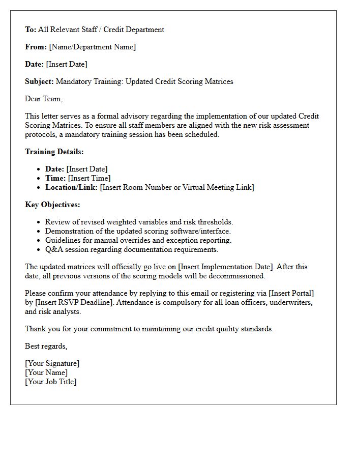 Staff Training Advisory Letter on Updated Credit Scoring Matrices