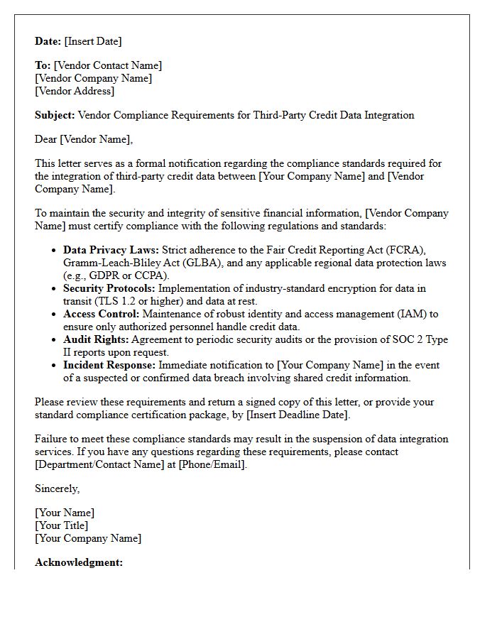 Vendor Compliance Letter for Third-Party Credit Data Integration