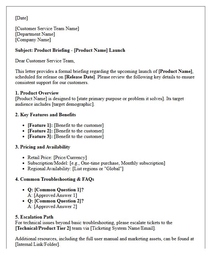 Customer Service Product Briefing Letter