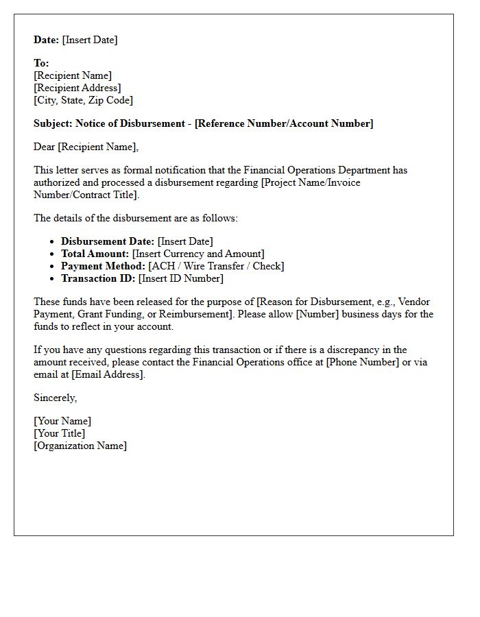 Financial Operations Disbursement Letter